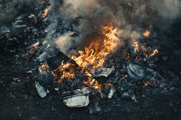 Burning Trash. Charred Firewood in a Camp with Scorching Flames