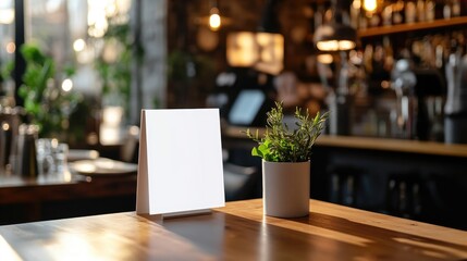 Blank menu mock up on a wooden table in a restaurant bar featuring a booklet stand with a white sheet