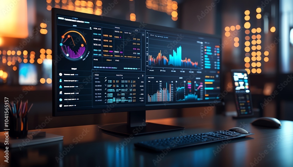 Poster Interactive digital financial analysis dashboard displaying charts and graphs, 3D rendering, modern aesthetics, professional and efficient design