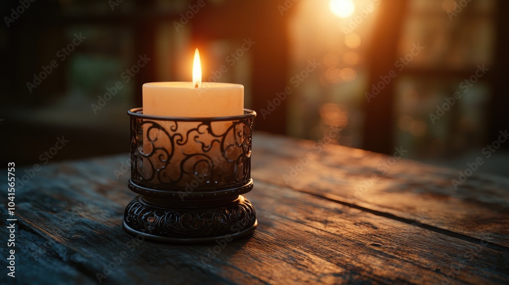 Poster a vintage scene features a lit candle in an ornate metal holder on a weathered wooden table creating