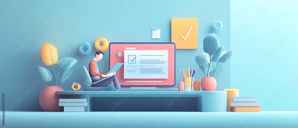 Poster Modern digital workspace with a businessman managing documents on a laptop, graphic elements representing efficiency, 3D rendering, professional design
