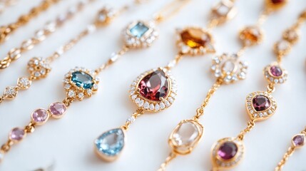 Assorted elegant jewelry featuring exquisite gemstones displayed against a clean white backdrop A luxurious and glamorous representation perfect for celebration gifts