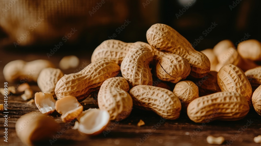 Poster peanuts in their shells on a wooden surface