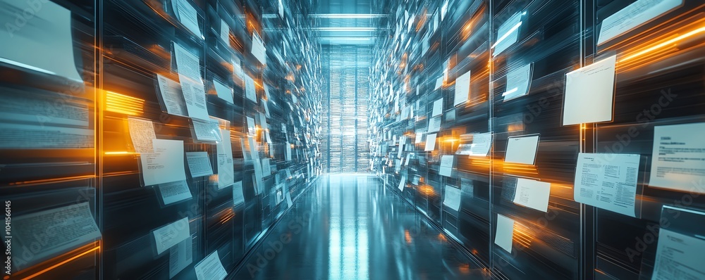 Poster virtual files in a digital document management system concept, 3d rendering, modern aesthetics, orga