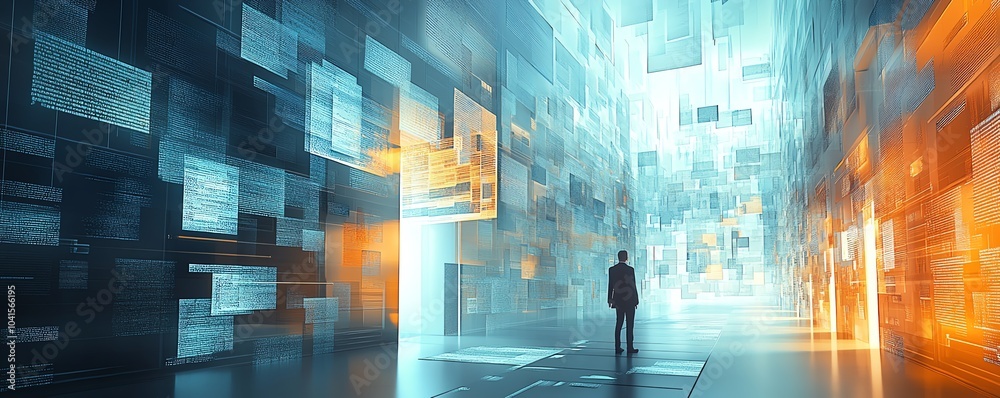 Poster Virtual files represented in a digital document management system, 3D rendering, sleek and modern aesthetics, efficient organizational design