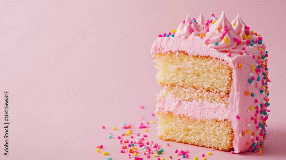 Poster A slice of cake topped with pink frosting and colorful sprinkles on a soft pink background featuring ample copy space