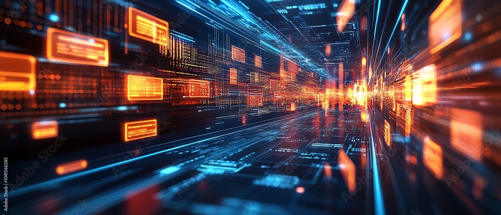 Poster Virtual interface with files for digital document management system, 3D rendering, futuristic and organized design, sleek hightech visuals
