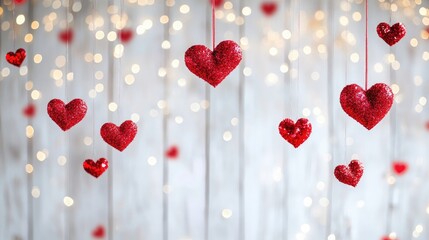 White backdrop adorned with red heart shaped sparkles for a festive touch