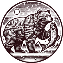 bear caught fish engraving style hand drawn vector emblem