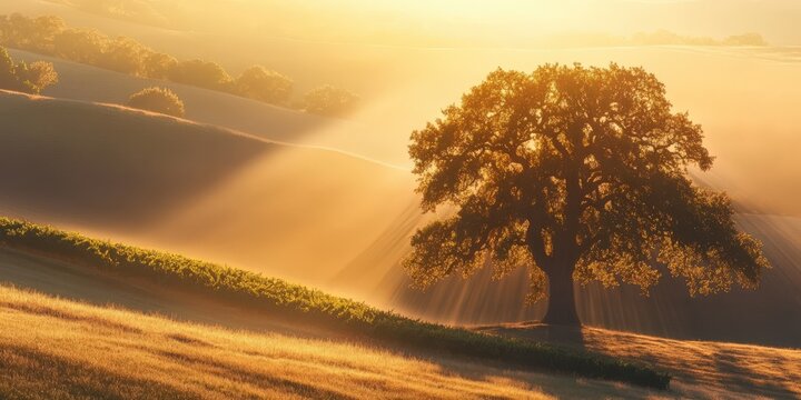 Central Valley California Sunrise: Sunlight through Valley Oak Tree on Paso Robles Hill