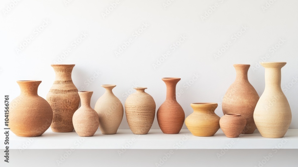 Poster Assorted clay vases arranged on a shelf with a white backdrop