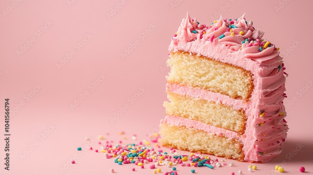 Aufkleber A slice of cake topped with pink frosting and colorful sprinkles on a soft pink background featuring ample copy space