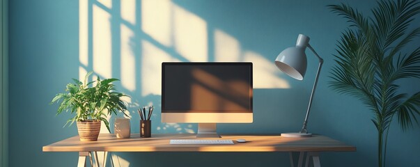 Fototapeta premium 3D rendering of a minimalist office desk setup with a computer, stylish lamp, and a decorative plant, contemporary design, organized and bright visuals