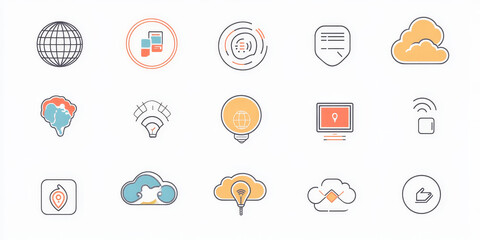 Fototapeta premium Networking set icons. Cloud, connections, globe, wireless, internet, communication, technology, and connectivity concept.