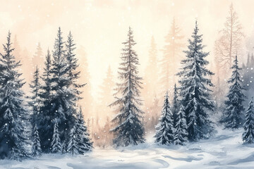 Obraz premium A peaceful winter scene featuring snow-covered trees in a forest at dawn, with soft light and gentle snowfall creating a tranquil atmosphere. 