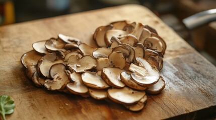 Sliced shiitake mushrooms arranged in a heart shape on a wooden cutting board