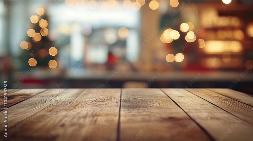 Aufkleber Abstract blurred wooden table texture with a clean office window backdrop creating a serene atmosphere for a Christmas breakfast scene in a modern grocery shop illuminated by soft summer light