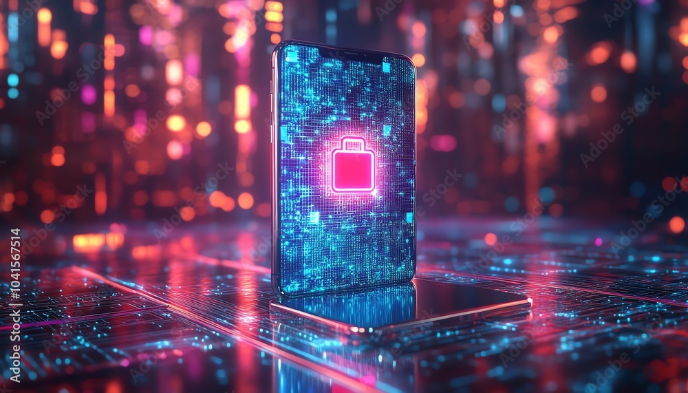 Poster 3d rendering of a smartphone screen featuring a cybersecurity icon, surrounded by a digital wirefram