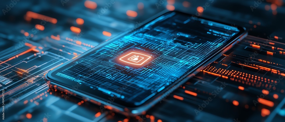 Leinwandbilder 3d rendering of a smartphone showcasing a cybersecurity icon on a digital wireframe background, slee