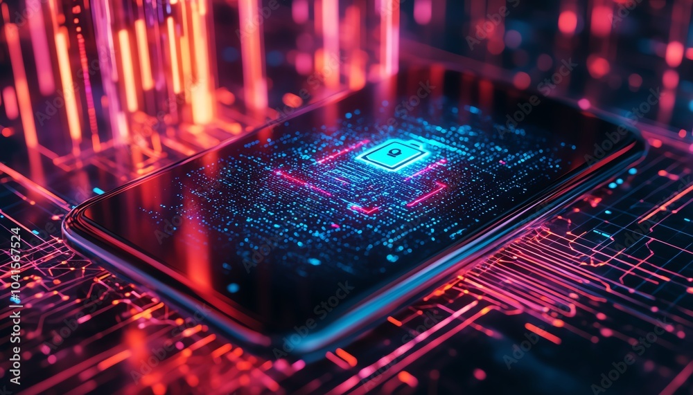 Poster 3d rendering of a smartphone screen featuring a cybersecurity icon, surrounded by a digital wirefram