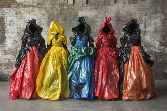 Girls and women in dresses made of plastic and garbage bags. Illustration on the theme of ecology and sustainable consumption. Buy Nothing Day.