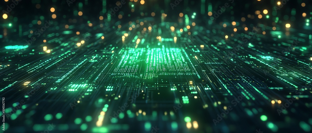 Fototapete 3D rendering of AI text displayed with a vibrant green digital code backdrop, modern design, techinspired aesthetics, dynamic composition