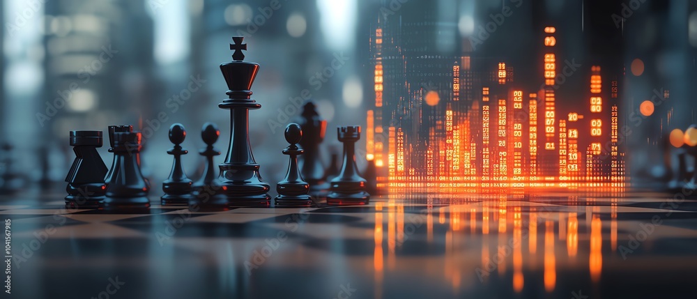 Leinwandbilder 3D rendering of an abstract chessboard highlighted by a glowing candlestick forex chart against a blurred gray bokeh background, strategy and trade concept, double exposure