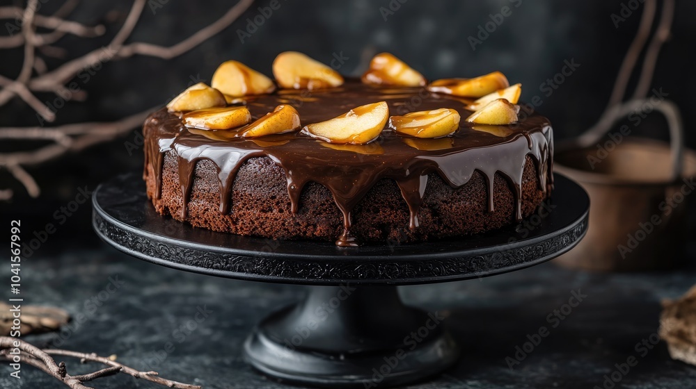 Aufkleber a chocolate cake topped with caramel glaze and caramelized apples elegantly displayed on a black cak