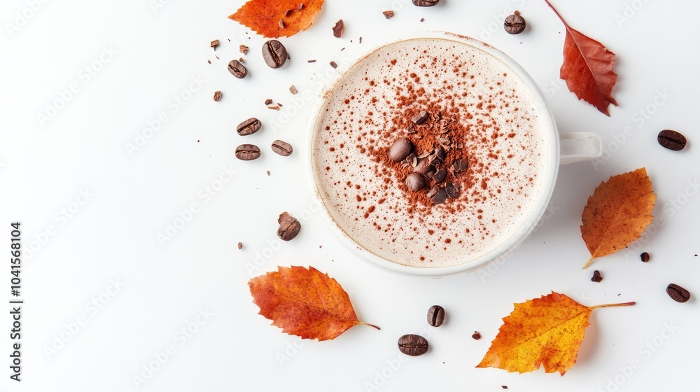 Poster Cappuccino topped with cocoa powder and autumn leaves arranged on a white background in a flat lay perspective