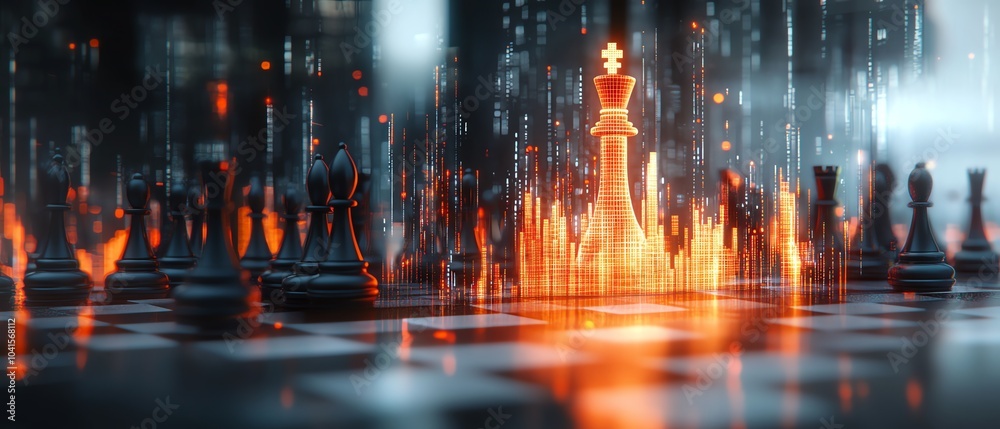 Aufkleber 3D rendering of an abstract chessboard featuring a glowing growing candlestick forex chart, blurred gray bokeh background, strategic trade concept, double exposure