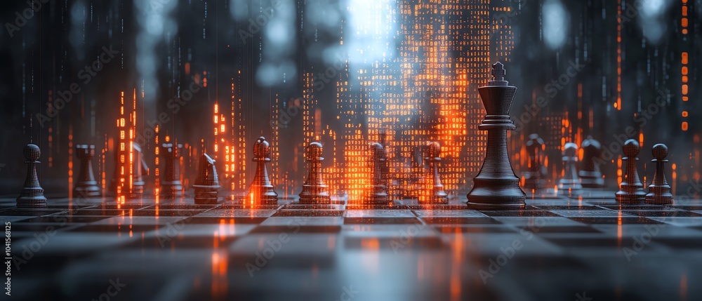 Leinwandbilder 3D rendering of an abstract chessboard highlighted by a glowing candlestick forex chart against a blurred gray bokeh background, strategy and trade concept, double exposure
