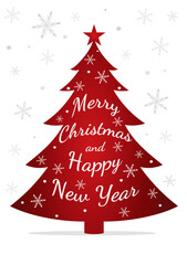 Merry Christmas and Happy New Year greeting card. Winter holiday card with snowflakes and New Year tree