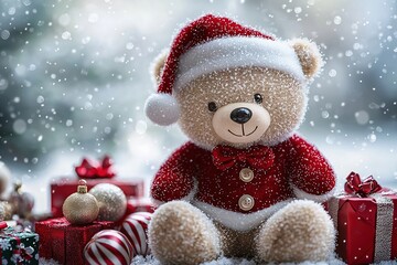 Christmas teddy bear wearing santa claus outfit and hat sitting among gifts, and presents outdoors. Generative Ai