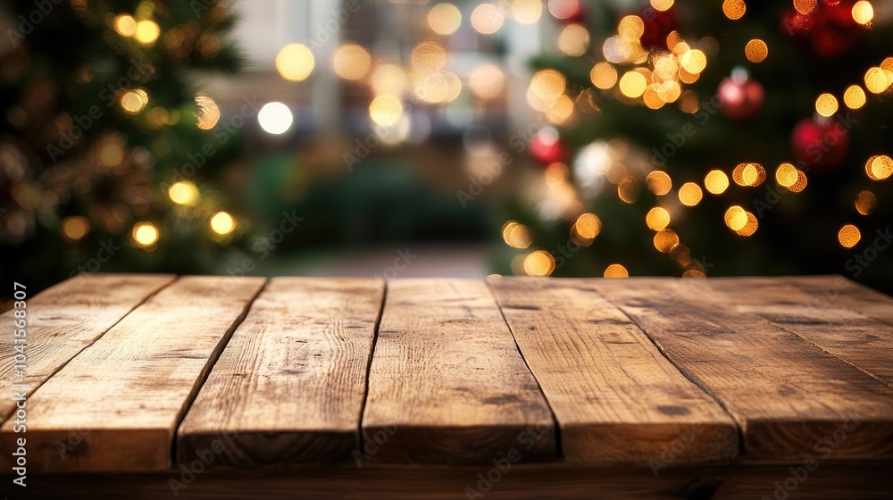 Poster wooden tabletop on terrace with a blurred background of a decorated christmas tree lights and garden