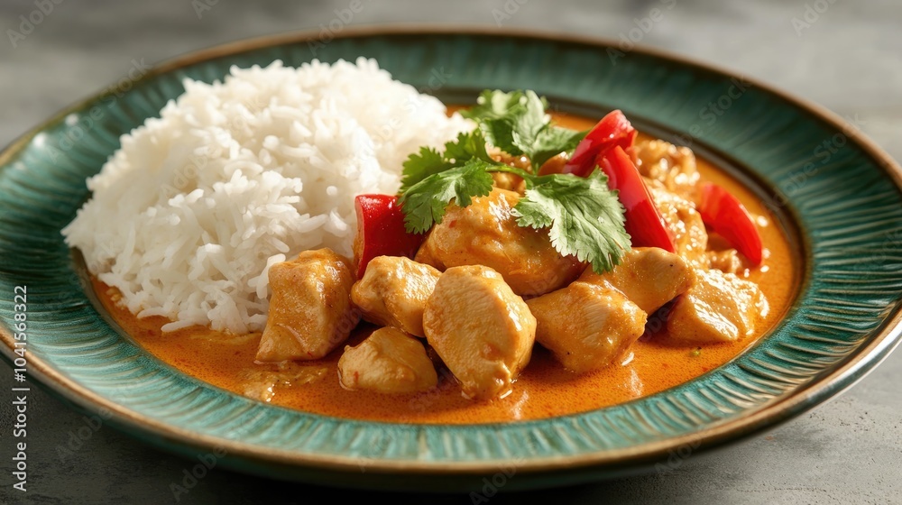 Poster red curry chicken served with steamed rice on a green plate set against a grey backdrop featuring a 