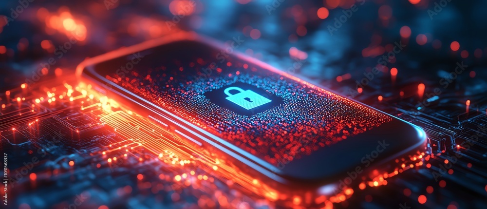 Poster 3D visualization of a cybersecurity icon on a smartphone with a dynamic wireframe background, modern aesthetics, engaging and hightech design