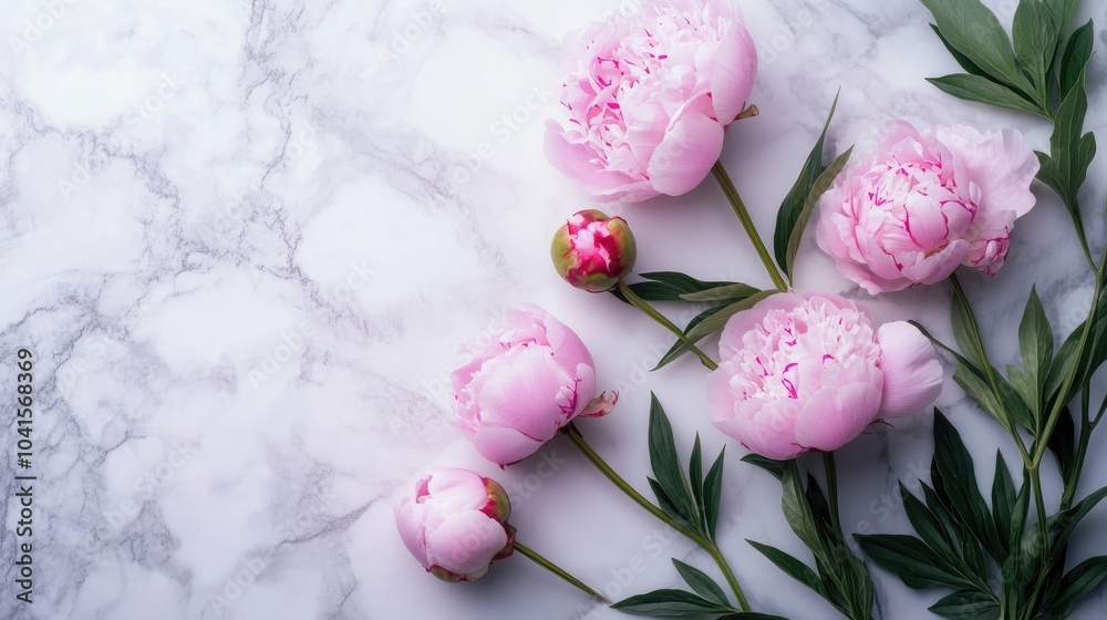 Aufkleber pink peonies against a soft marble background space for text flat lay composition