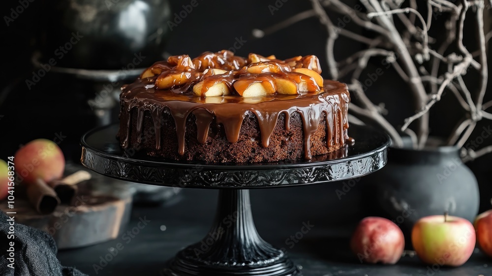 Aufkleber a chocolate cake topped with caramel glaze and caramelized apples elegantly displayed on a black cak