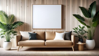 An interior scene with a blank poster on a wooden wall, modern furniture, and indoor plants, set on a light background for a mockup concept. Generative AI