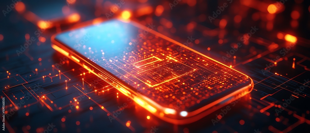 Leinwandbilder 3d visualization of a cybersecurity icon on a smartphone with a dynamic wireframe background, modern