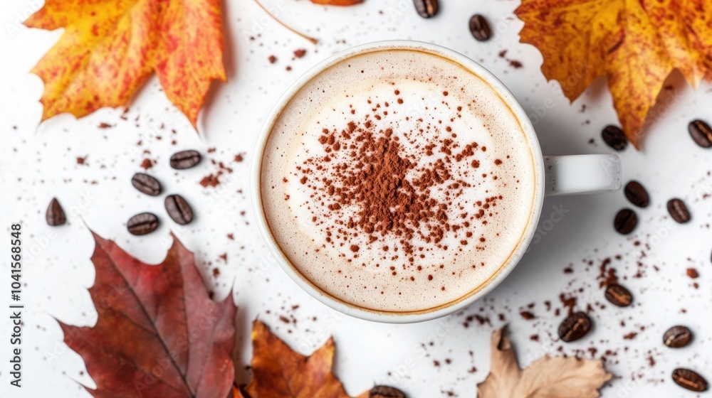 Poster Cappuccino topped with cocoa powder and autumn leaves arranged on a white background in a flat lay perspective