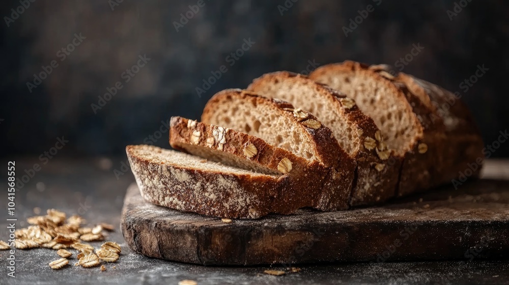 Aufkleber Sliced whole grain bread displayed on a wooden table with a rustic dark backdrop