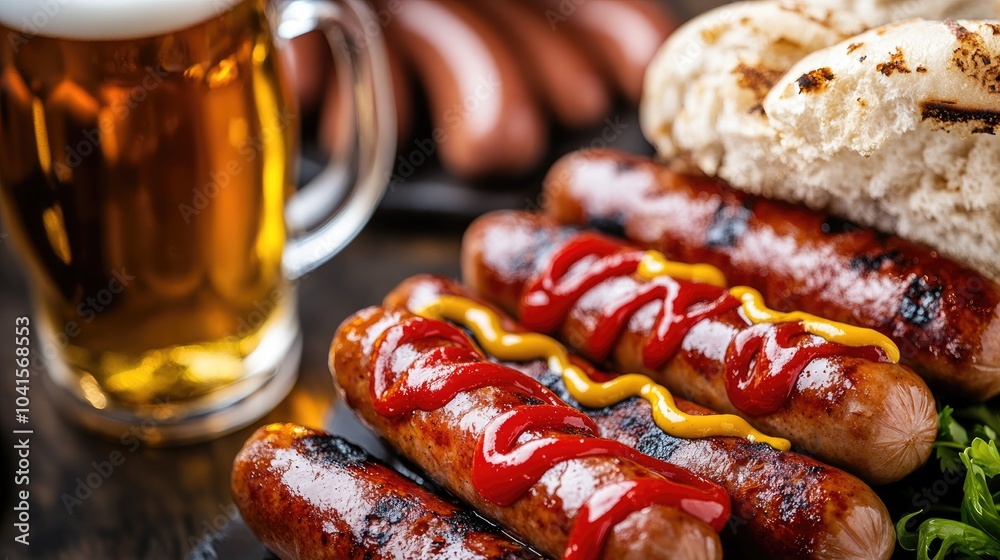 Poster sizzling sausages topped with ketchup and mustard served alongside a refreshing mug of beer