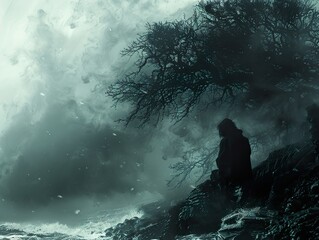 Obraz premium Silhouette of a Person Against a Dramatic Stormy Sky