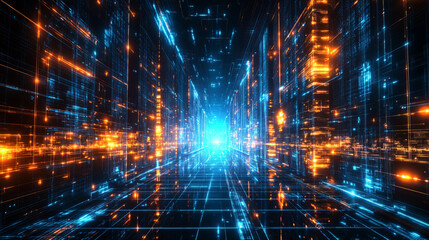 Fototapeta premium The urban scene is made in the style of cyberpunk, with bright streams of orange and blue light, creating the illusion of a digital reality that moves at a rapid pace.