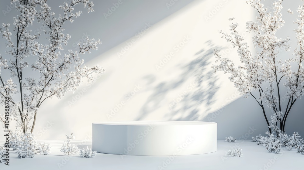 Poster studio podium backdrop ideal for product display featuring a blank showcase mockup with natural elem