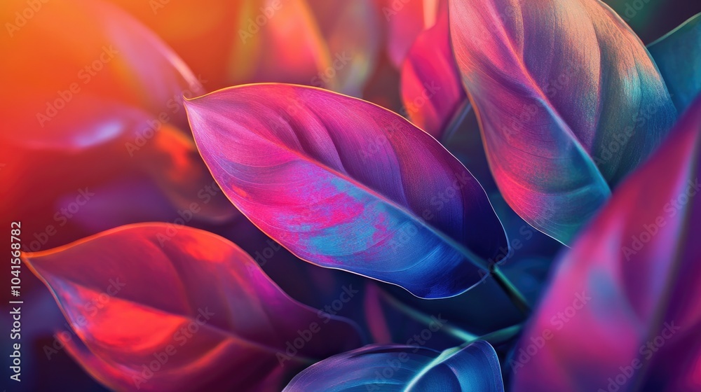 Poster Surreal depiction of a futuristic quantum effect creating dynamic colors on a Philodendron plant