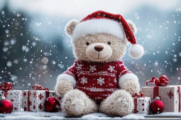 Christmas teddy bear wearing santa claus outfit and hat sitting among gifts, and presents outdoors. Generative Ai