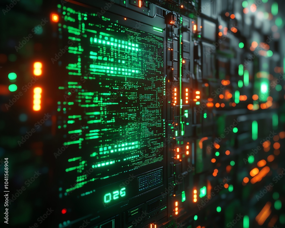 Poster 3D visualization of AI text on a green digital code backdrop, modern aesthetics, hightech design, engaging and vibrant composition