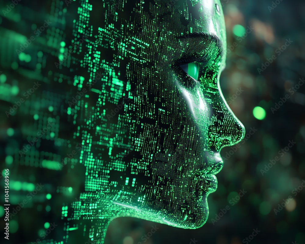 Aufkleber 3D visualization of AI text on a green digital code backdrop, modern aesthetics, hightech design, engaging and vibrant composition